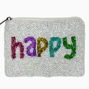 Shirdee Beaded "Happy" White Rainbow Cloth Back Zip Card Pouch Coin Purse